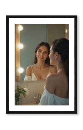 Woman Smiling at Her Reflection: Practicing Self-Acceptance and Positive Affirmations for Personal Growth and a Healthy Lifestyle