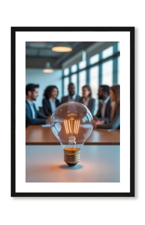 Creative lightbulb symbolizing innovation in front of business team discussing ideas in modern office  