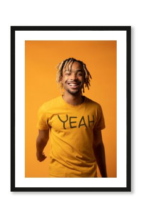 Happy Model in Motivational Shirt Smiles at Camera