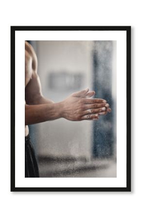 Strong man, powder hands and dust for exercise challenge, gym club workout and fitness training. Zoom of healthy bodybuilder, clapping chalk grip and sports athlete motivation for performance power