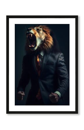 Lion wears a business suit and yelling created with Generated AI technology