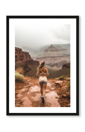 Woman running alone in the wilderness seen from behind. Generative AI