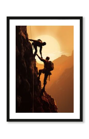 Person on the peak of rock cliff as illustration of struggle,  cooperation and success motivation in life