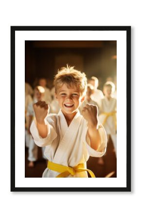 Stolze Karate-Kids zeigen ihre neuen Gürtel nach der Prüfung 