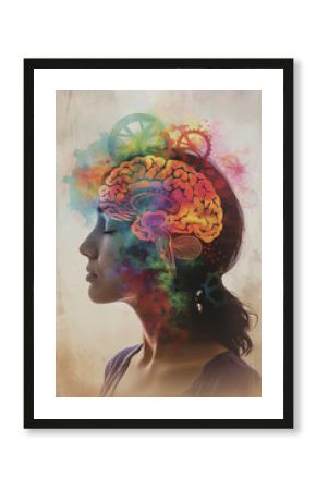 Unlocking the Mind's Potential: A Woman's Head with a Vibrant Brain Sketch Surrounded by Gears