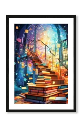 Books, Staircase, Library, Illustration, Colorful