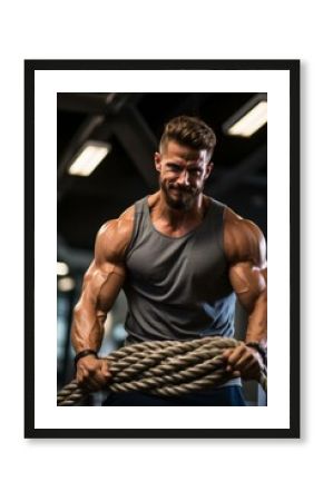 muscular man pulling ropes in the gym