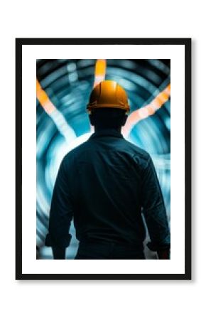 construction worker silhouette standing in tunnel with abstract lights looking towards bright future.