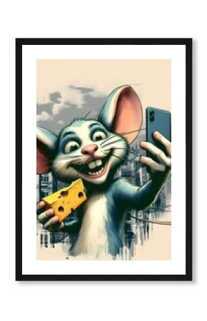 Mouse with a piece of cheese taking a selfie