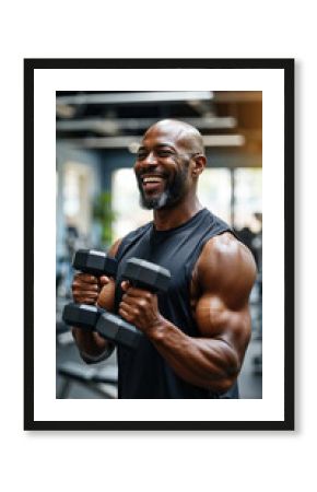 middle age black men muscular person lifting dumbbells in gym fitness workout strength training exercise healthy lifestyle bodybuilding vertical photo