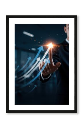  Growth Hacking: Businessman Touching Rising Arrows   Business Success, Innovation, & Future Strategy   Digital Marketing Boost