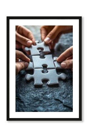 Hands assembling puzzle on dark background symbolizing teamwork and problem solving..Selections on business, teamwork, motivation and personal growth.
