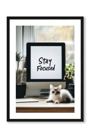 A home office workspace with a computer screen displaying the words "stay focused".
