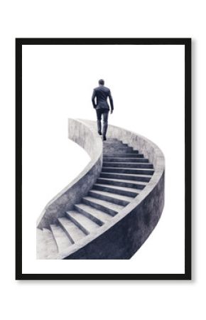 Aspiration climbing businessman, conquering challenges, rising above on spiraling stairs