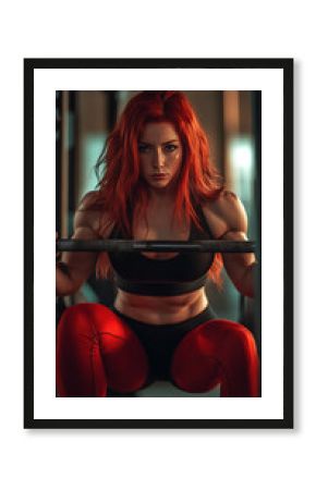 Redhead woman squatting, barbell across shoulders, red leggings, black top, gym setting, showcasing strength and fitness