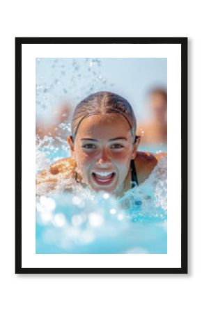 Determined female swimmer emerging from water with intensity for sports motivation design