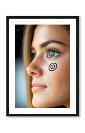 Focused Young Woman with Target Design on Cheek, Representing Strategy and Ambition Concept in Portrait Photography