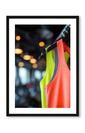 Bright Neon Fitness Apparel Showcased in a Gym Setting With a Blurred Background Emphasizing a Vibrant Activity Space