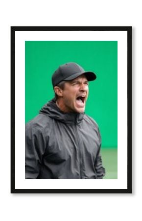 Man in black shouting enthusiastically.