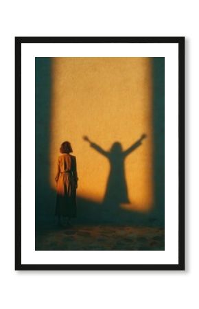 Woman's Empowering Shadow with Arms Raised on Sunlit Textured Wall