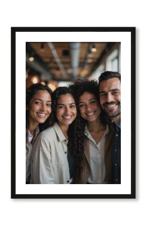 Tech startup team smiling for a selfie in a modern coworking space