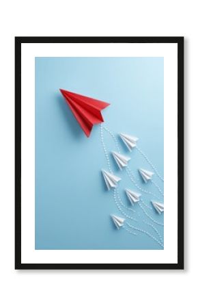 Red Paper Airplane Leading White Paper Airplanes On Light Blue Background