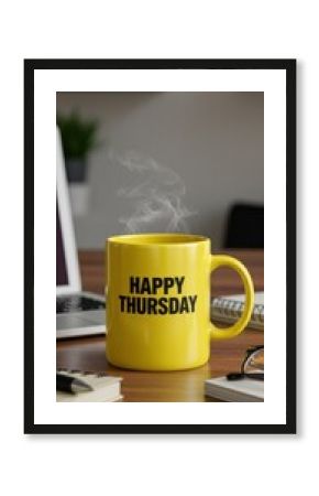 Happy Thursday Mug on Desk with Laptop and Notebooks: A Cheerful Office Morning Setup