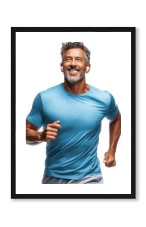 Man in a blue athletic shirt running with wireless earbuds.