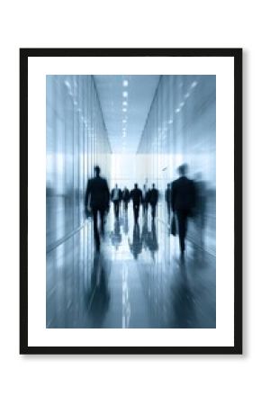 Bright business workplace with people in walking in blurred motion in modern office space. High quality