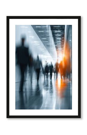 Bright business workplace with people in walking in blurred motion in modern office space. High quality