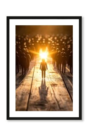 Woman Leading Crowd Towards Light.