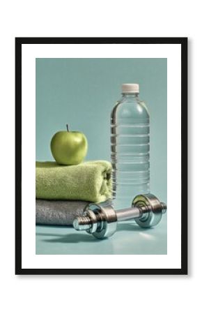Fitness Essentials on a Pastel Background Featuring a Green Apple, Towel, Water Bottle, and Dumbbell