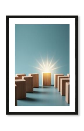 Wooden blocks arranged around glowing cube symbolizing business motivation  