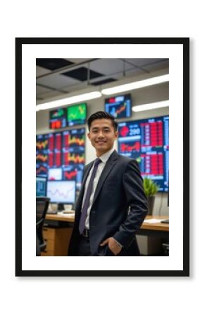 Determined Young East Asian Financial Analyst in His 20s Smiling in a Modern Office with Stock Charts