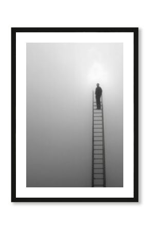 Man climbing ladder to light in fog concept of success and reaching goals art