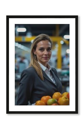 Female supervisor at a packing station holding fresh fruits
