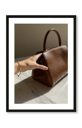 A brown leather handbag is on a table. A hand with a gold bracelet reaching towards the bag.    luxury lifestyle aesthetic 