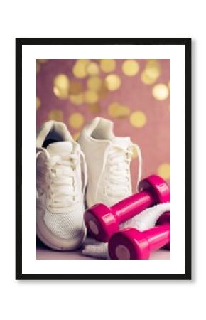 Fitness motivation pink dumbbells white running shoes