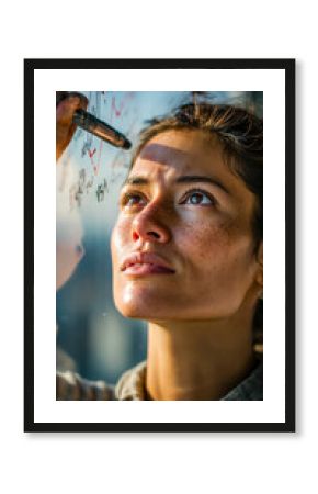 Woman brainstorming, writing on a transparent board with bright sunlight, highlighting her focused expression and freckled complexion.