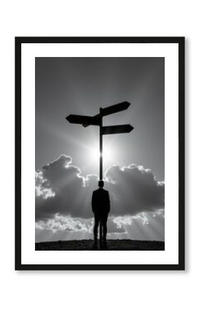 realistic photography silhouette of entrepreneur standing at crossroads with business strategy signs pointing in different directions symbolic visual