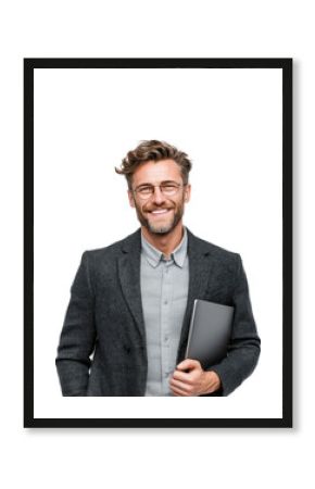 Professional man smiling with laptop portrait isolated on transparent background