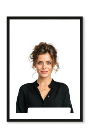 Professional woman working on laptop home office portrait confidence isolated on transparent background