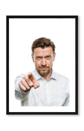 Assertive businessman pointing at audience portrait isolated on transparent background