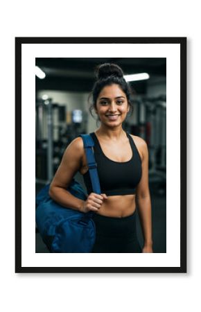 Confident Indian Woman in Gym Attire Carrying a Blue Duffel Bag