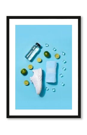 Fitness flat lay with running shoes, water bottle, towel, ice cubes and limes on blue background