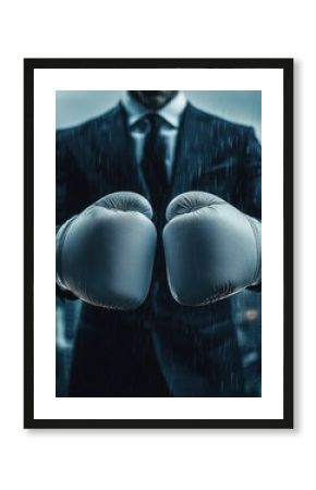 Businessman in boxing gloves standing in the rain, symbolizing resilience and strength in challenging times