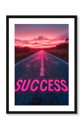 Road to success with glowing text at sunset horizon