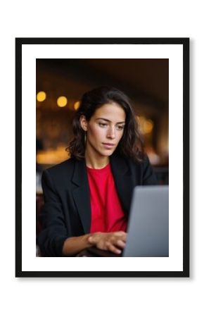 Focused businesswoman working on laptop in urban office close-up perspective of professional environment with modern ambiance
