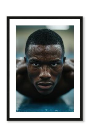 Intense close-up of a focused, sweaty athlete preparing for a workout or competition.