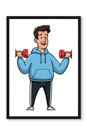 Young man exercising with red dumbbells in a blue hoodie for fitness motivation
